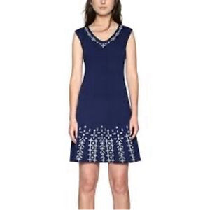 Desigual V Neck Navy Embroidered Dress Women's Medium